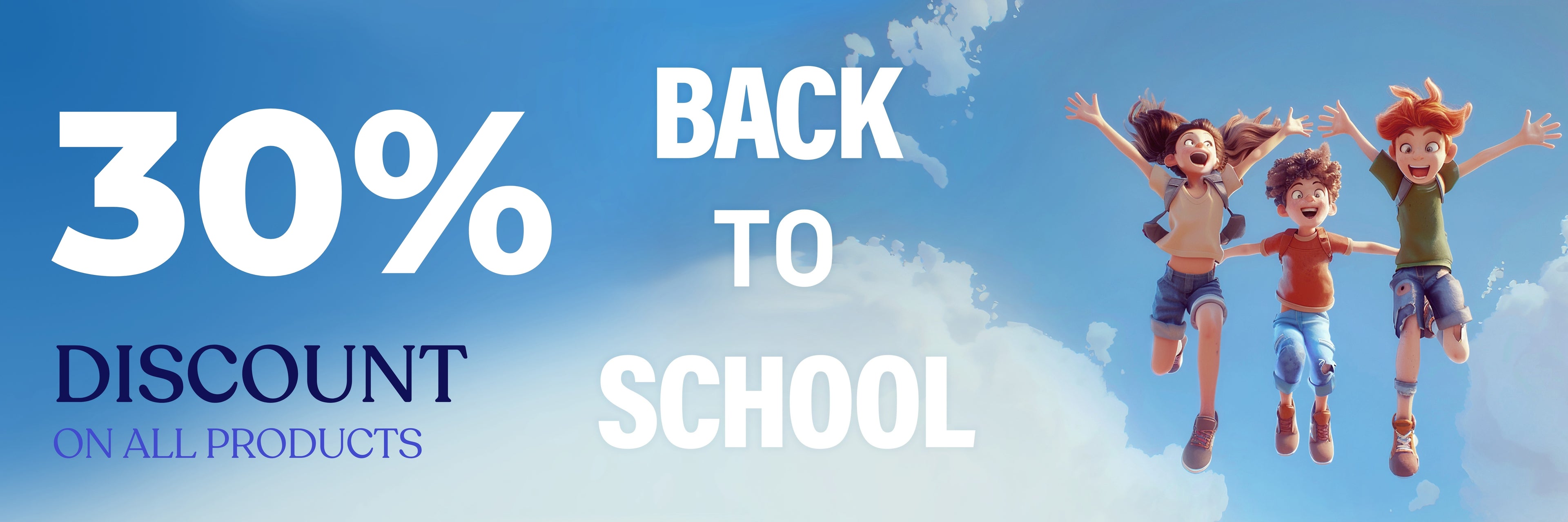 Promotional banner with '30% Back to School Discount on all products' text and children jumping against a blue sky.